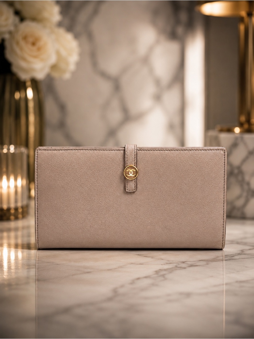 CHANEL Gray Caviar Leather Long Snap Bifold Wallet | Dust Bag & Shopping Bag